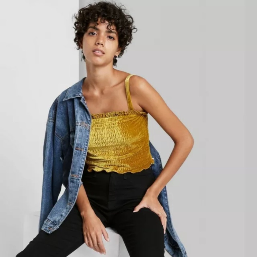Smocked Cropped Velvet Tank Top in yellow (Small)